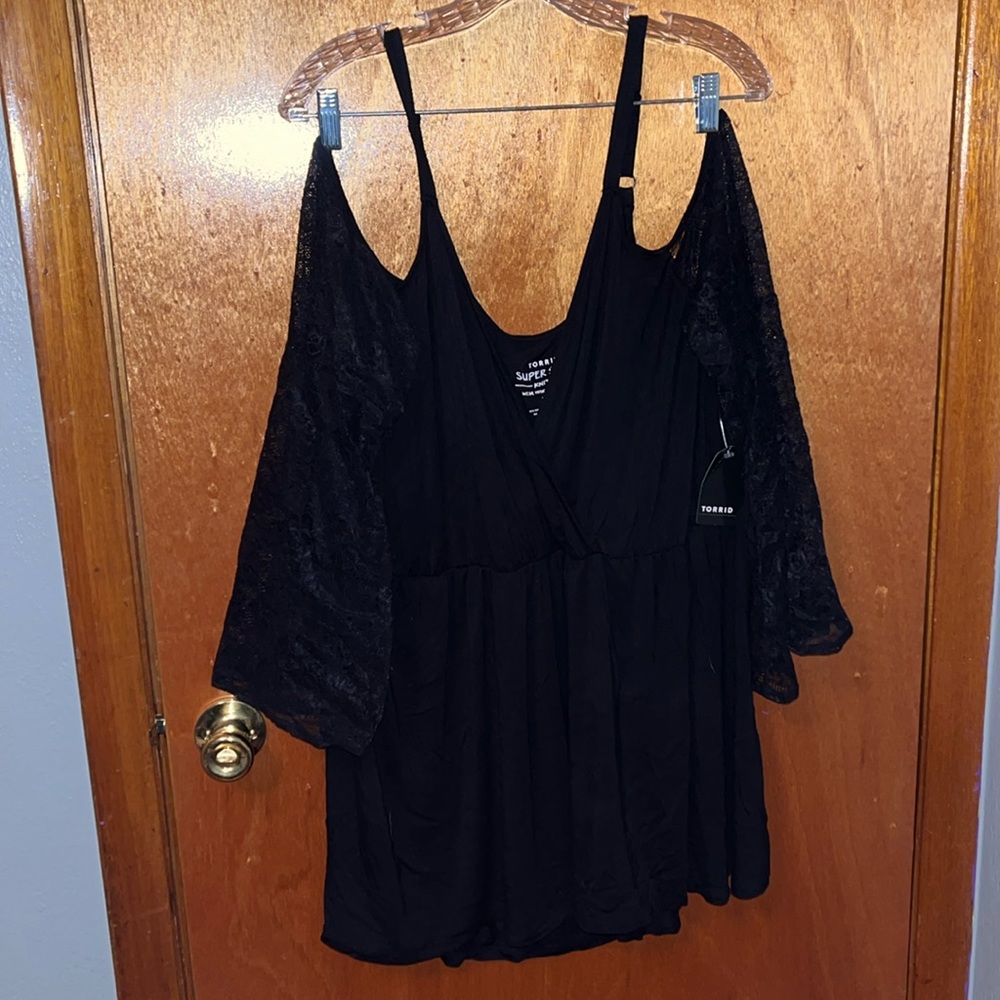 Black Shirt with Lace Off the Shoulder Sleeves
